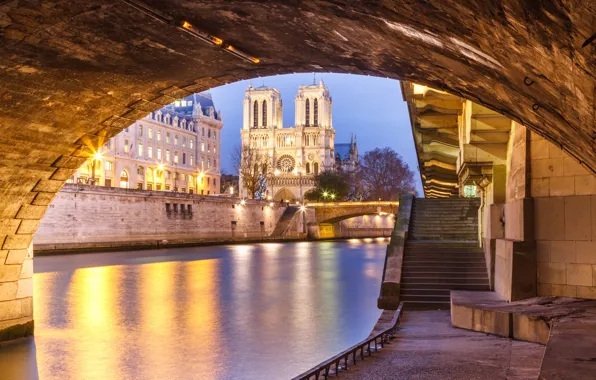 Картинка мост, река, Франция, Париж, Сена, собор, Нотр-Дам-де-Пари