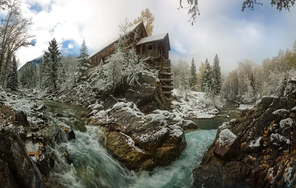 Картинка природа, река, мельница