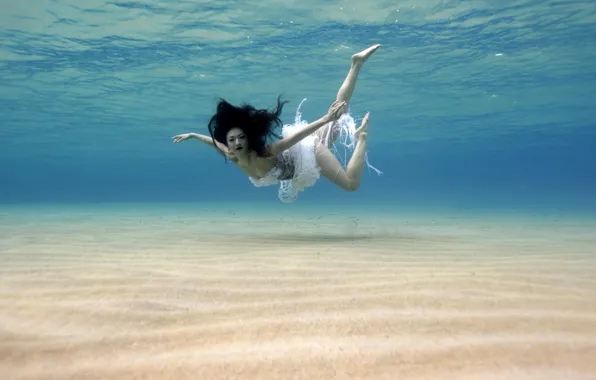 Dress, underwater, water, sand, Woman, asian, female