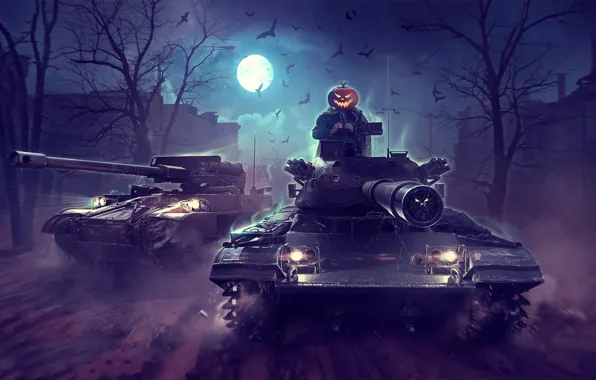 Картинка ночь, луна, Halloween, Хэллоуин, WoT, World of Tanks, Wargaming, by Sergey Avtushenko
