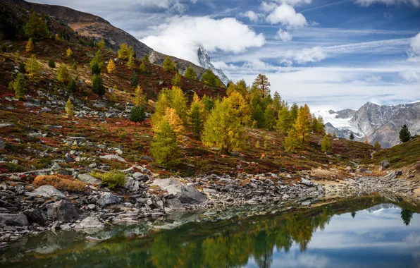 Горы, отражение, камни, водоём, Zermatt