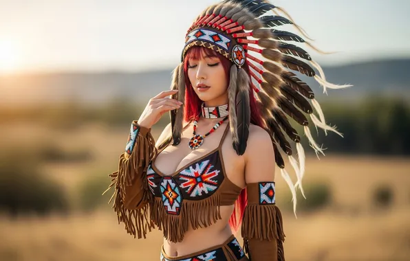 Cleavage, redhead, asian, outdoors, native americans, AI Art