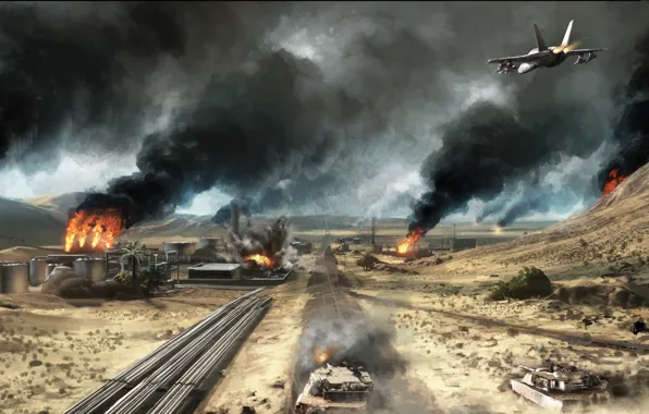 Картинка самолет, пожар, война, завод, пустыня, Battlefield 3, Operation Firestorm