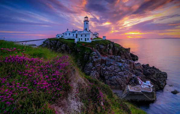 Картинка море, пейзаж, скалы, рассвет, маяк, утро, Ирландия, Donegal