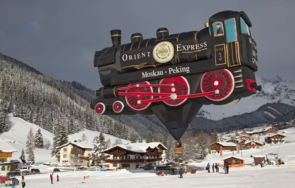 Картинка зима, горы, воздушный шар, паровоз, Австрия, Austria, Salzburg, Зальцбург