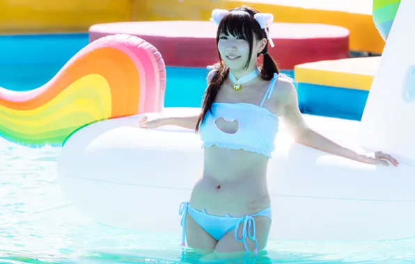 Girl, sexy, pool, cleavage, long hair, boobs, smile, beautiful
