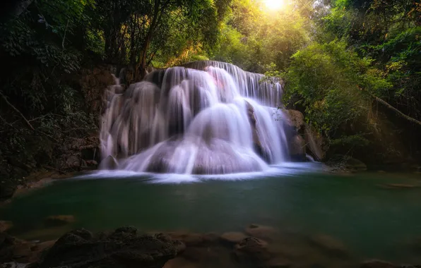 Лес, река, водопад, Тайланд, Thailand, каскад, Водопад Хуай Мае Камин, Huay Mae Khamin Waterfall
