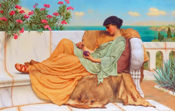 Море, Девушка, Картина, Платье, John William Godward, Джон Уильям Годвард, Сладкое безделье, Английский художник-неоклассицист