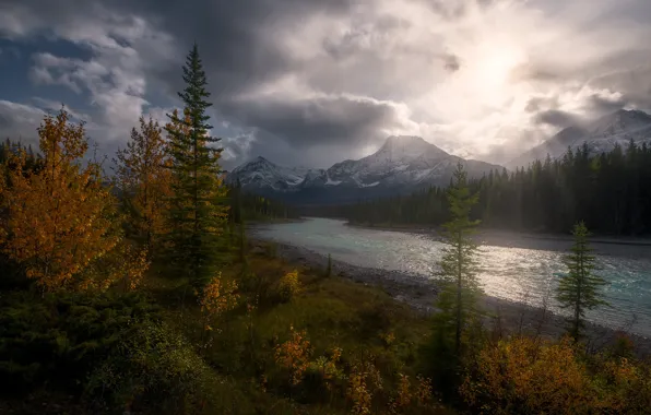 Картинка осень, пейзаж, горы, тучи, природа, река, растительность, Канада