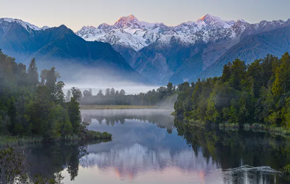 Картинка лес, горы, туман, озеро, New Zealand, Lake Matheson, John Leathwick