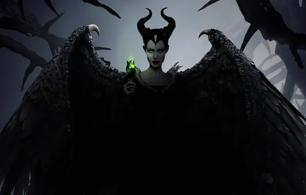 Крылья, Анджелина Джоли, Angelina Jolie, фэнтези, арт, рога, Maleficent, Малефисента