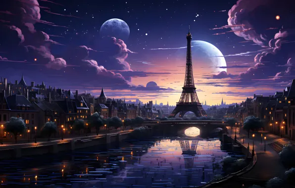 City, paris, night, scenery, digital art