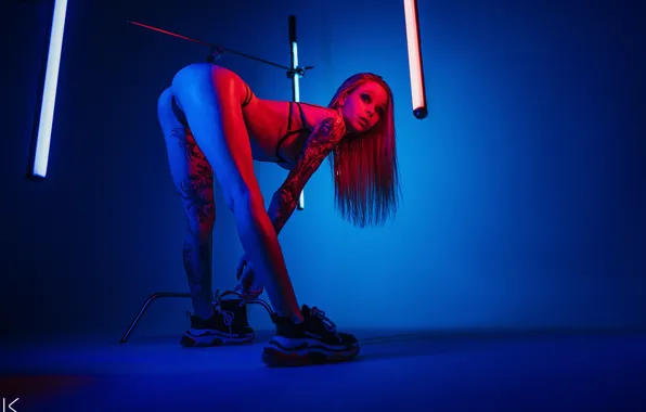 Lingerie, ass, bra, studio, model, thong, tattoo, women