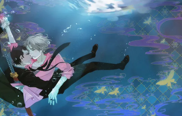 Меч, аниме, арт, парни, под водой, Katekyo Hitman Reborn, Учитель мафиози Реборн, Гокудера Хаято