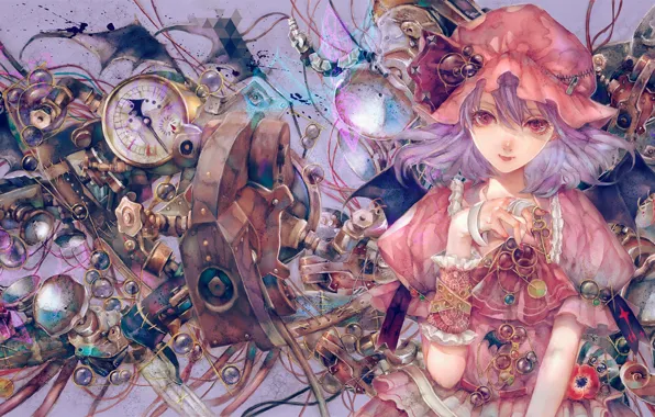 Чепчик, железяки, линзы, розовое платье, вампирша, приспособления, Touhou Project, Remilia Scarlet