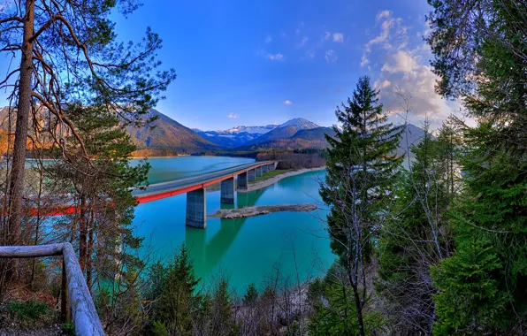 Пейзаж, горы, мост, природа, озеро, Германия, Бавария, Альпы