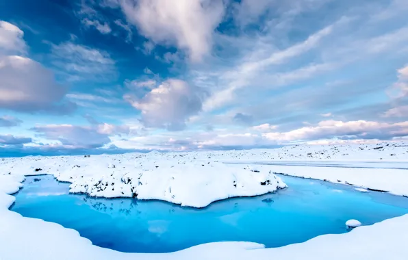 Картинка зима, дорога, небо, вода, облака, снег, Исландия