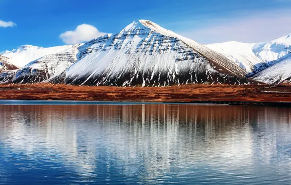 Картинка небо, вода, облака, отражения, гора, Исландия, Hafnarfjall