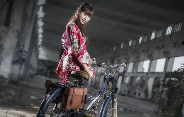 Bike, room, kimono, Japanese girl
