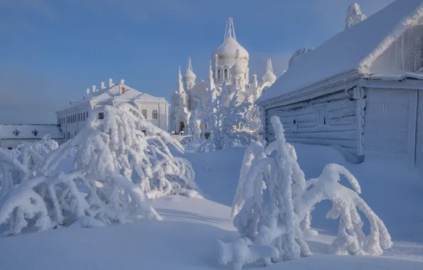 Картинка зима, снег, здание, мороз, сарай, церковь, сугробы, храм