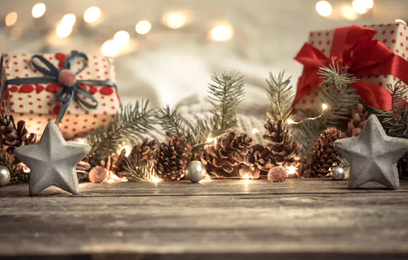 Картинка звёзды, Рождество, подарки, Новый год, шишки, веточки, декорация