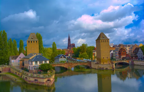 Картинка река, Франция, башни, мосты, Страсбург, France, Strasbourg, Ponts Couverts