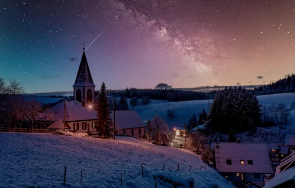 Картинка зима, пейзаж, ночь, природа, дома, звёзды, освещение, церковь