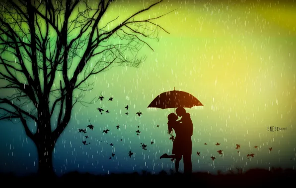 Картинка осень, листья, любовь, дождь, дерево, настроение, романтика, зонт