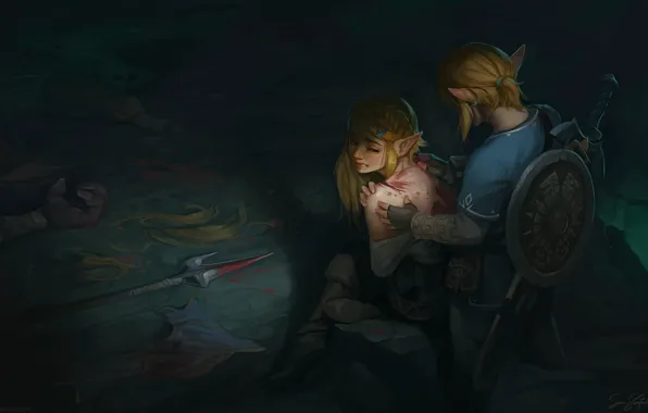 Двое, рана, Fan Art, Link, Zelda, The Legend of Zelda: Breath of the Wild