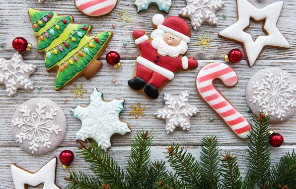 Decoration, Новый Год, пряники, fir tree, gingerbread, украшения, merry, ветки ели