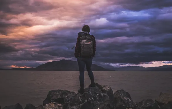 Girl, USA, United States, sky, woman, water, mountains, clouds