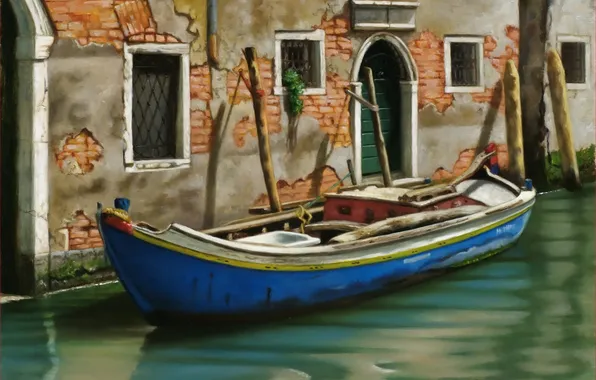 Дом, лодка, окна, картина, двери, Италия, Венеция, канал
