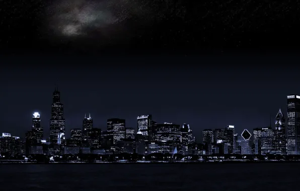 Картинка ночной город, dual monitor, тёмный фон