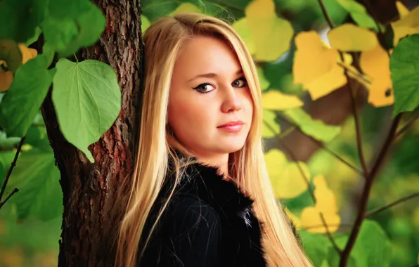 Лес, глаза, листья, волосы, forest, смотрит, eyes, leaves