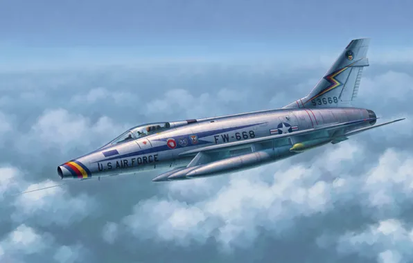 War, art, painting, aviation, jet, North American F-100 Super Sabre