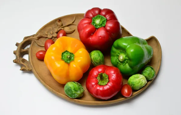 Картинка перец, помидоры, овощи, перец болгарский, капуста, резная тарелка