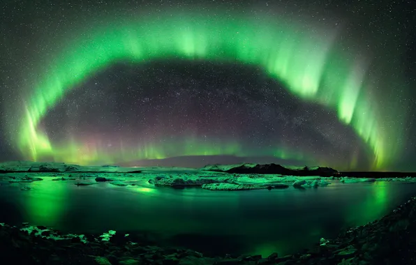 Лед, небо, звезды, озеро, отражение, сияние, Исландия, Ёкюльсаурлоун