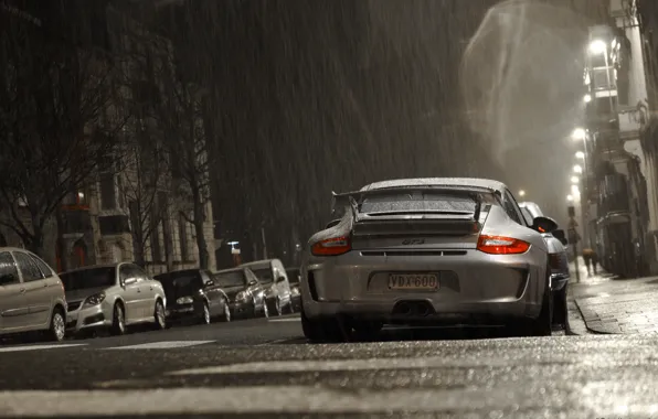 Серый, дождь, Porsche, порше, gt3