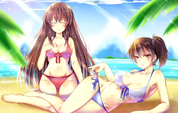Sexy, cleavage, beach, sky, long hair, sea, girls, brown hair