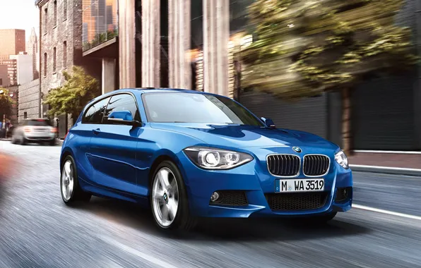 Картинка car, BMW, blue, street, speed, 1 Series, Sports Package, 3-door