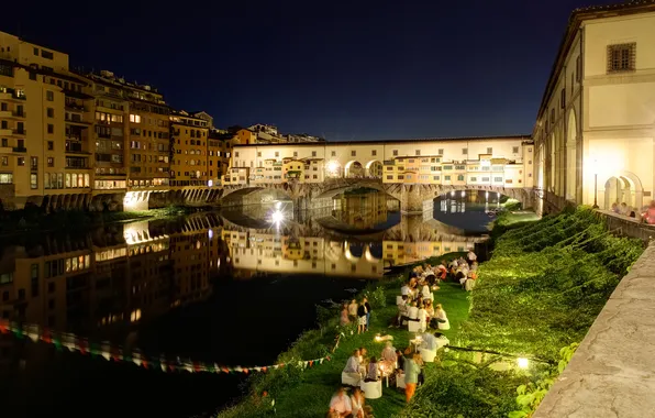 Пейзаж, ночь, мост, природа, город, река, Italy, Florence