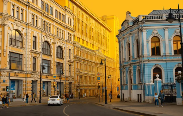 Город, люди, улица, дома, утро, Москва