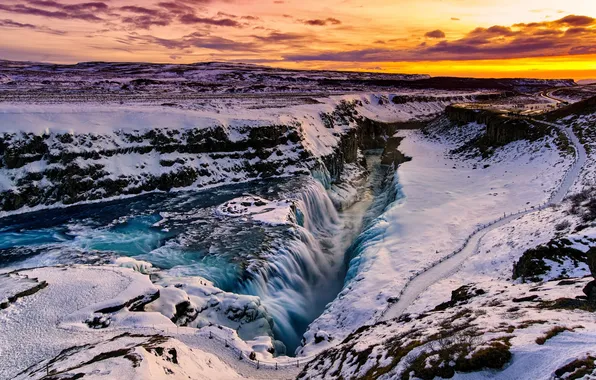 Зима, снег, закат, водопад, Iceland, Gullfoss