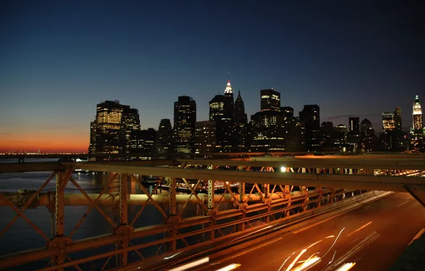 Lights, bridge, night, New York, Brooklyn Bridge, skylines