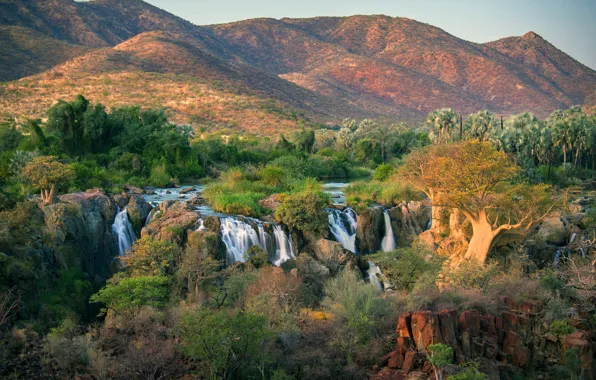 Деревья, горы, река, камни, водопад, кусты, Angola, Oncocua