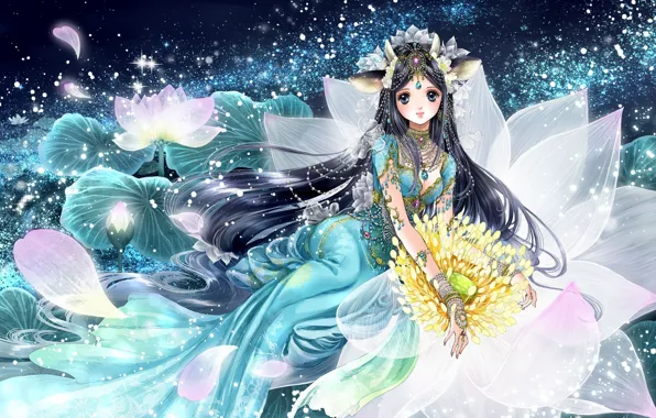 Картинка девушка, цветы, аниме, лепестки, арт, shiitake, gensoudou