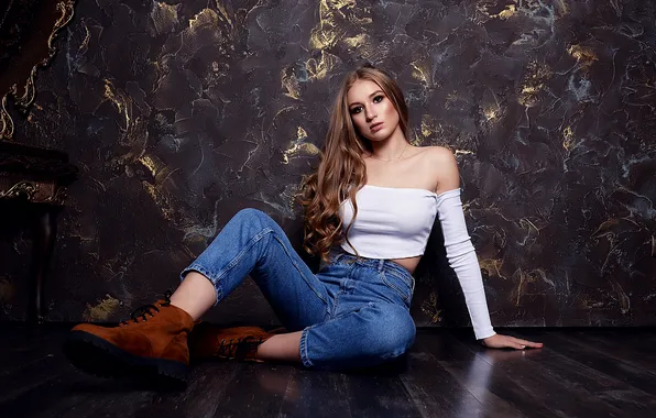 Long hair, model, women, brunette, sitting, on the floor, arm, bare shoulders