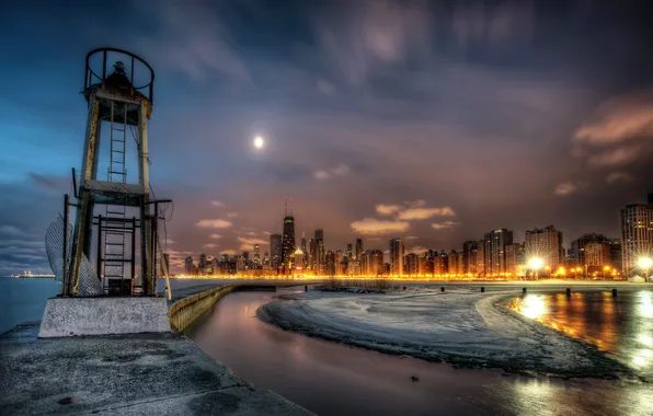 Картинка небо, ночь, город, фото, HDR, Чикаго, США