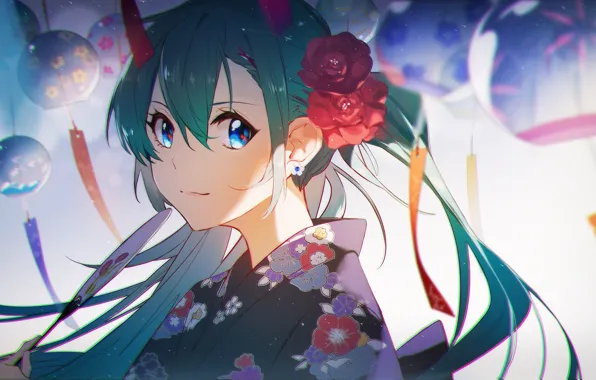 Девушка, цветы, кимоно, колокольчики, Hatsune Miku, Vocaloid, рожки