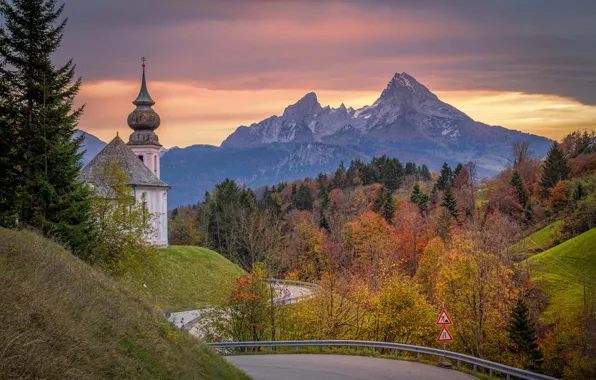 Картинка дорога, осень, деревья, пейзаж, закат, горы, природа, Германия